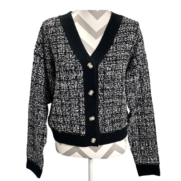 Jessica Simpson Womens XL Cardigan Sweater Black White Knit Button Up V Neck - Picture 1 of 8